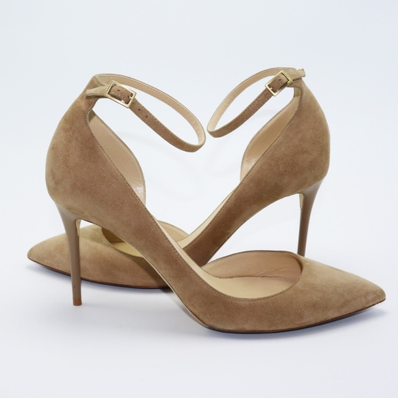 Jimmy Choo Shoes - Jimmy Choo Lucy 100 Suede Ankle-Strap Nude Pumps